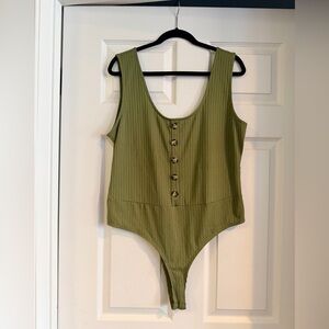 love J Olive Green Ribbed Button-Front One-Piece Bodysuit
